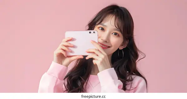 Smiling Asian Woman Taking Selfie with Phone in Pink