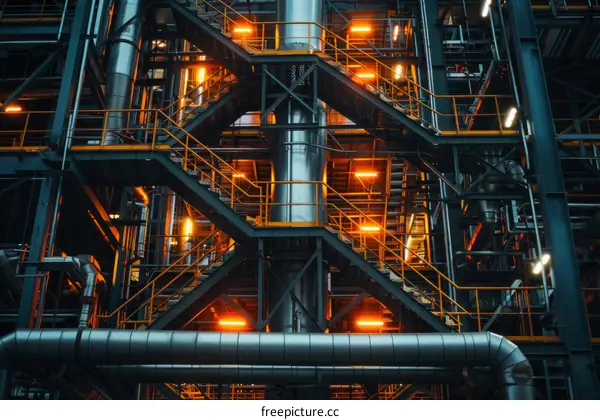 The intricate network of pipes and platforms in an industrial setting