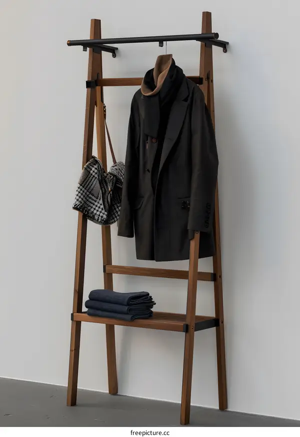 Wooden Coat Rack with Black Metal Railing