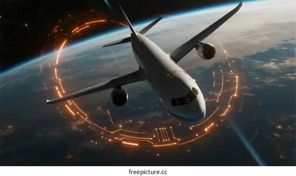 Airplane flying above Earth with glowing circular patterns