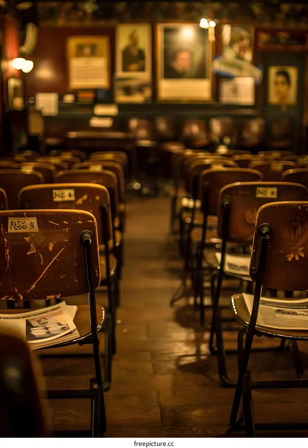 Empty Wooden Chairs in an Old Theater