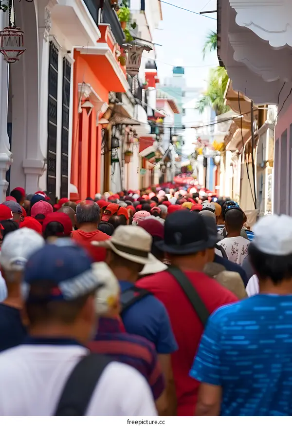 Crowd of People Walking Through Narrow Street in City