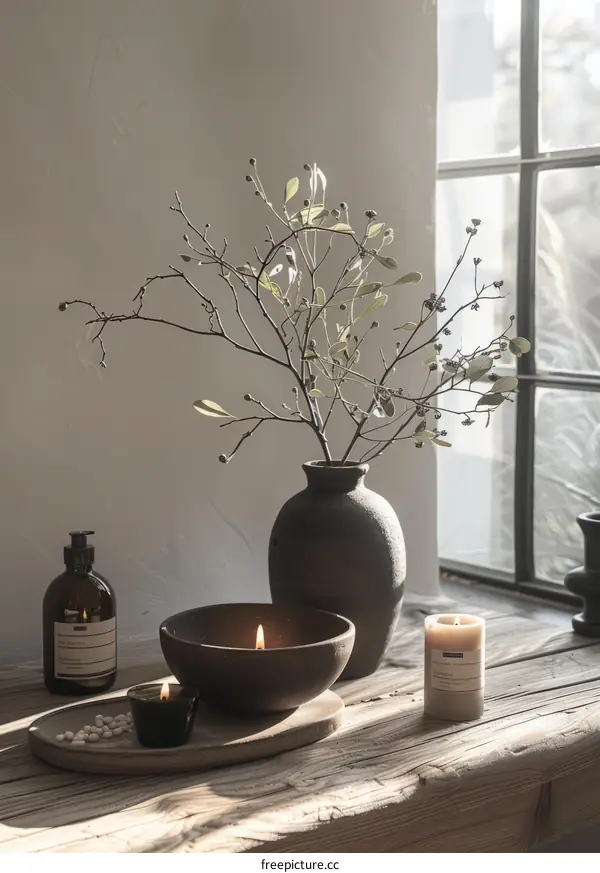 A ceramic vase with a flower arrangement and candles on a wooden table
