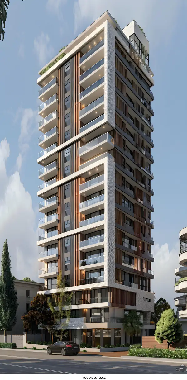 Modern Apartment Building with Balconies and Wooden Panels