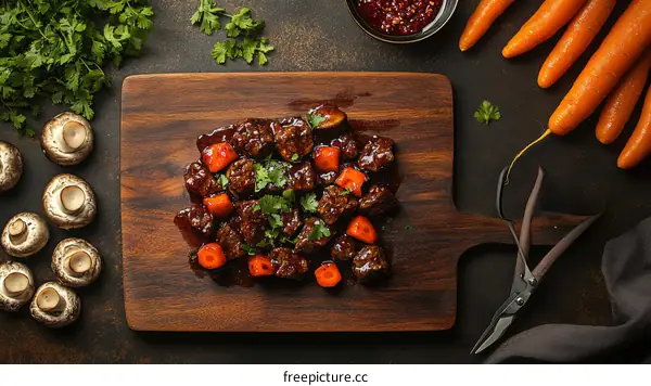 Beef and Carrot Stir-Fry on Wooden Cutting Board