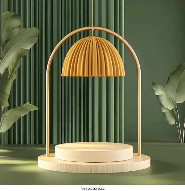 Green Curtain Background with Wooden Podium and Yellow Lamp