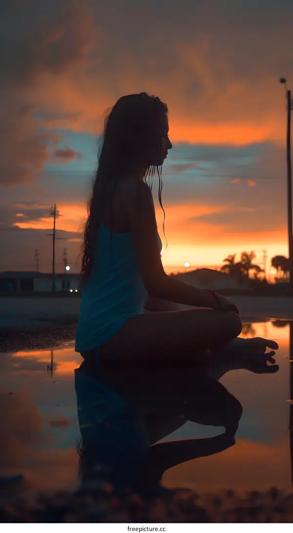 Silhouette of Woman Sitting in Puddle with Sunset Sky