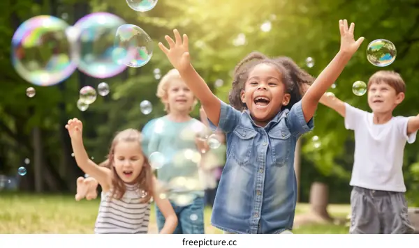 carefree children playing with bubbles in the park