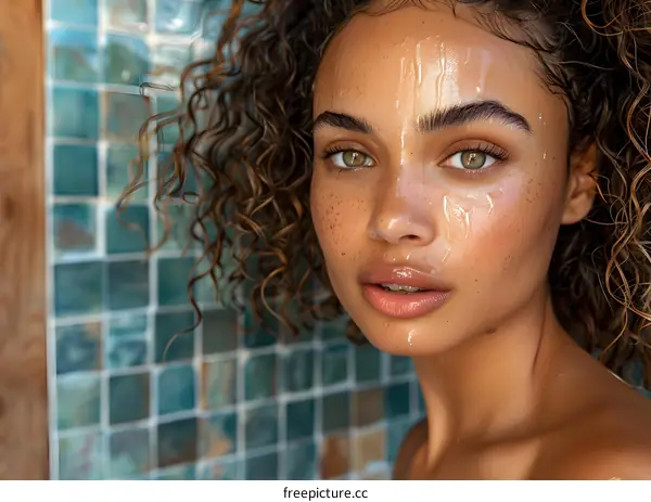 Close up portrait of a young woman with wet face
