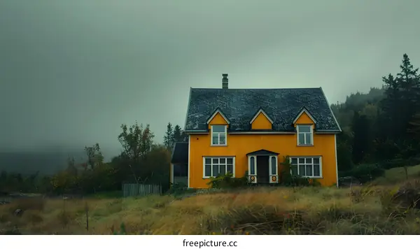 Yellow House in Foggy Forest