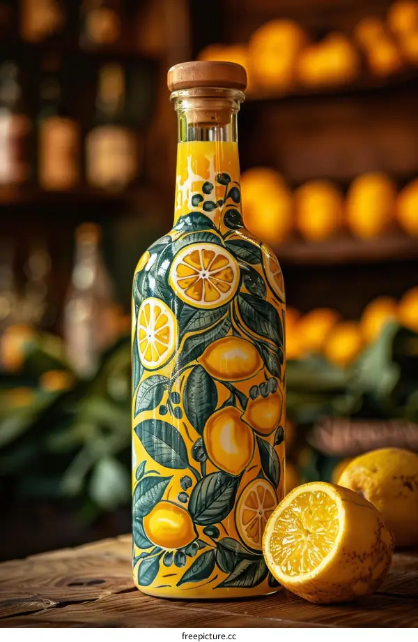 Still life of a ceramic bottle with lemons