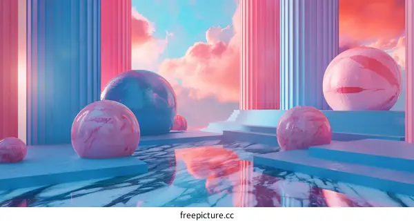 Pastel Pink and Blue Architectural Scene with Spheres