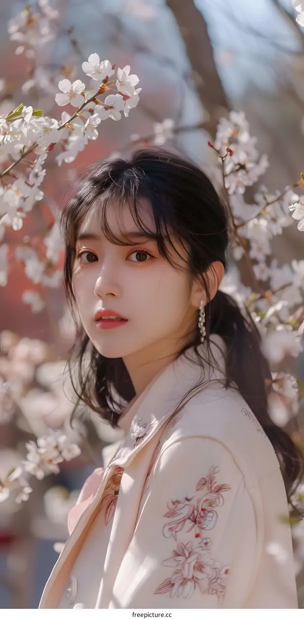 Young Asian Woman in Pink Floral Jacket Posing in Front of Cherry Blossom Tree