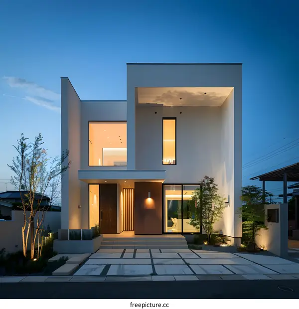 Modern Minimalist White House Exterior Design with Large Windows