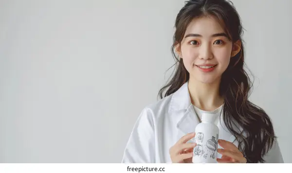A young female scientist holding a bottle of chemicals