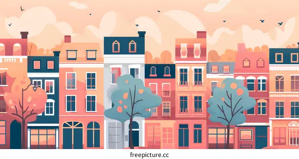 Illustration of a Street in a European City with Colorful Houses and Trees