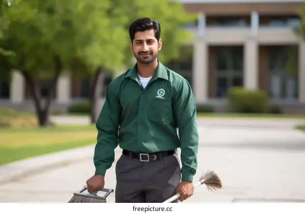 Portrait of a smiling young male janitor holding a broom and a dustpan