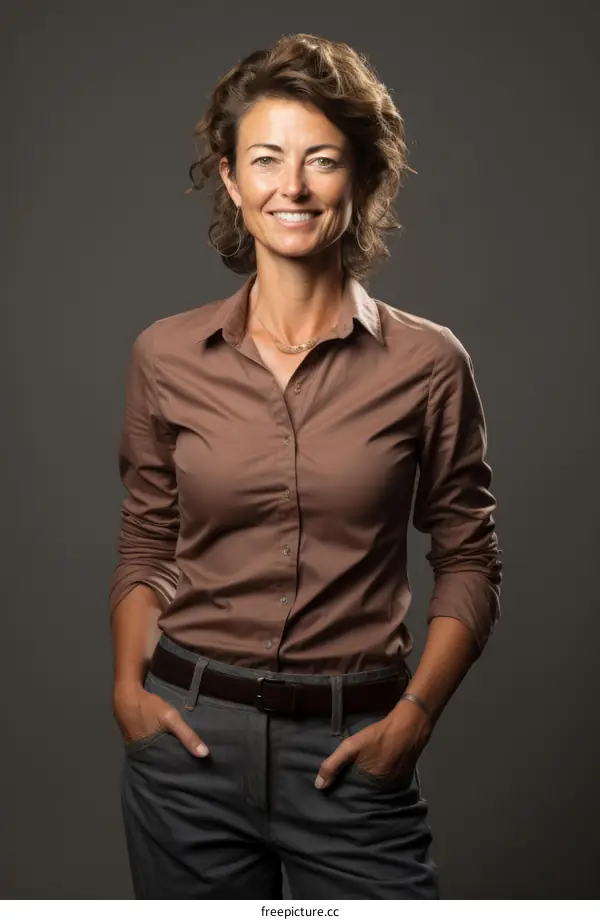 Portrait of a smiling woman in brown shirt and grey pants with hands in pockets