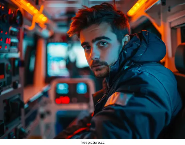 Portrait of a male paramedic in an ambulance