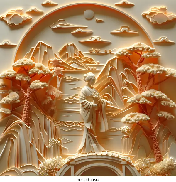 A woman standing on a bridge in a traditional Chinese garden