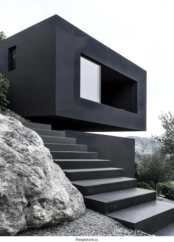 Modern Black House with Steps and Large Windows