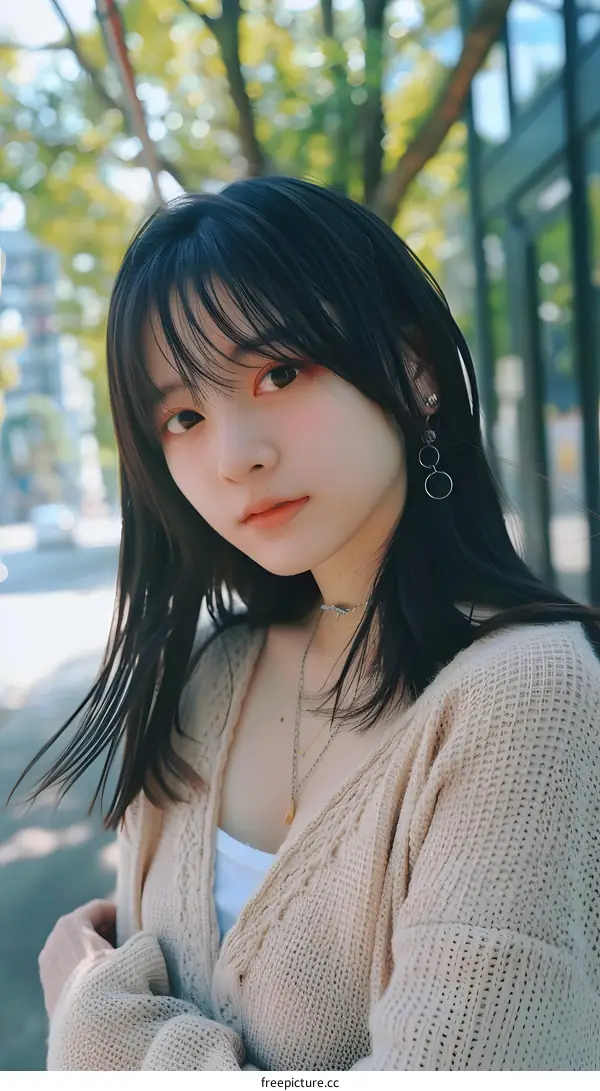 Portrait of a Young Woman with Long Black Hair Wearing a Knit Cardigan
