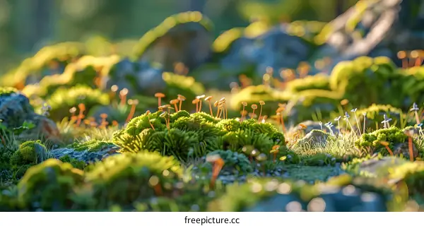Green Moss and Tiny Plants in the Forest