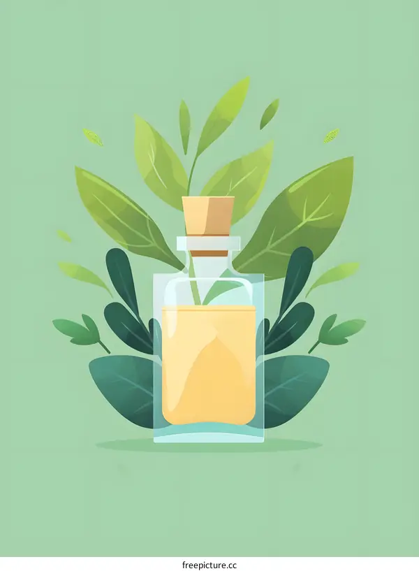 Glass Bottle with Cork Top Surrounded by Green Leaves on a Light Green Background