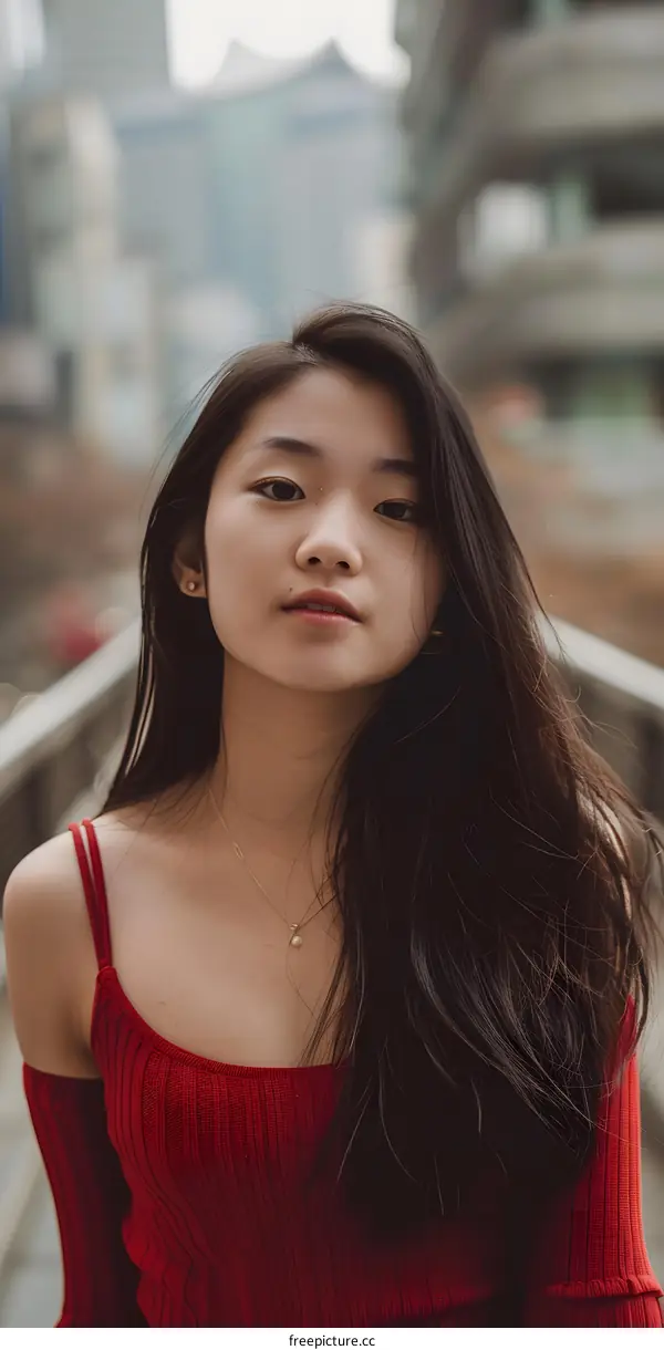 Young Asian Woman in Red Top Posing on Urban Street