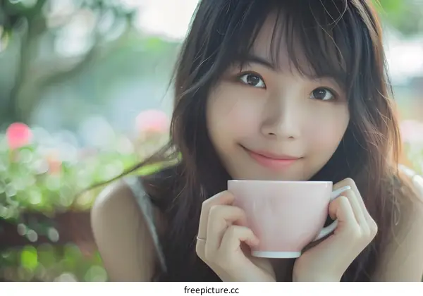 Smiling Asian Woman Holding a Cup of Tea