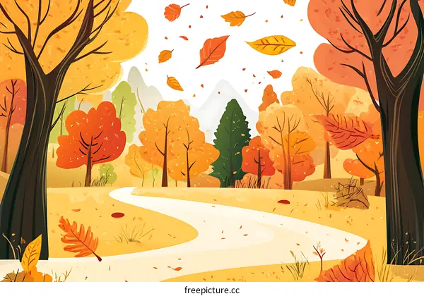 Autumn Landscape With Falling Leaves And Winding Road