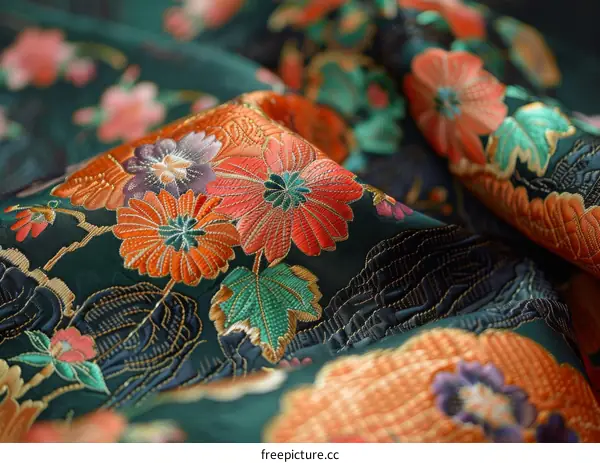 A close-up of a green fabric with a floral pattern.