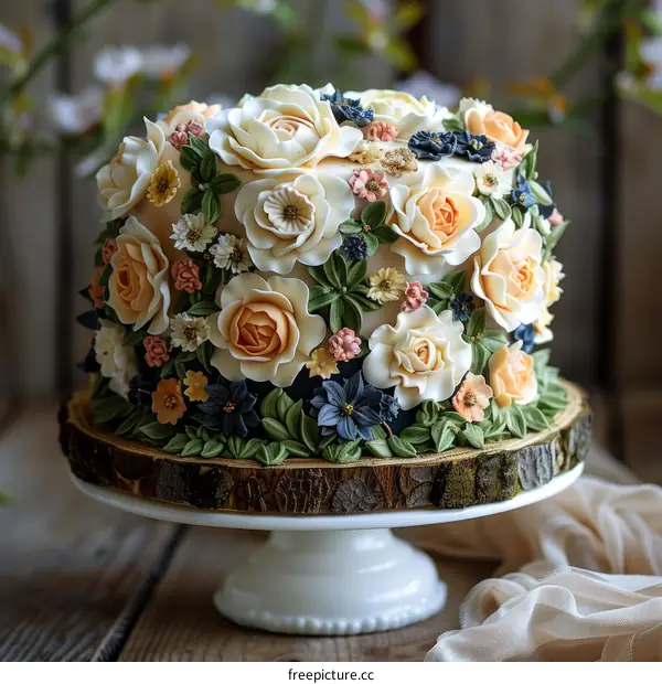 Celebration Cake Adorned with Blooming Flowers