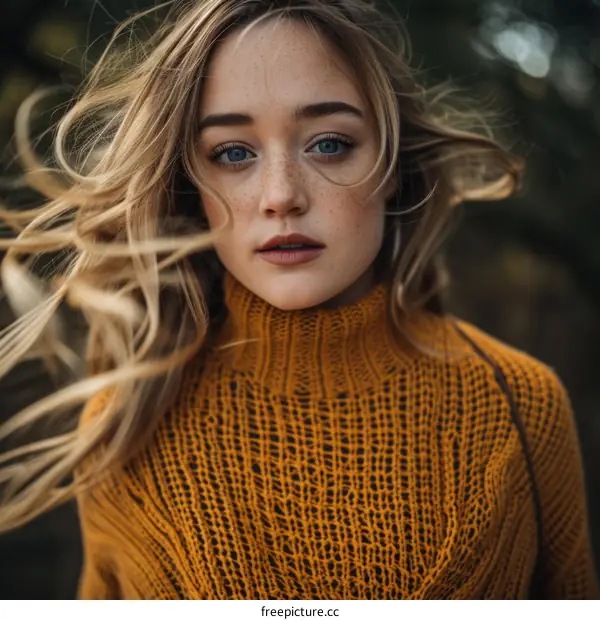 Portrait of a young woman with long blond hair wearing a yellow sweater