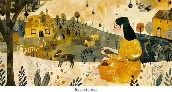 Woman Sitting in Forest Illustration with Yellow Dress