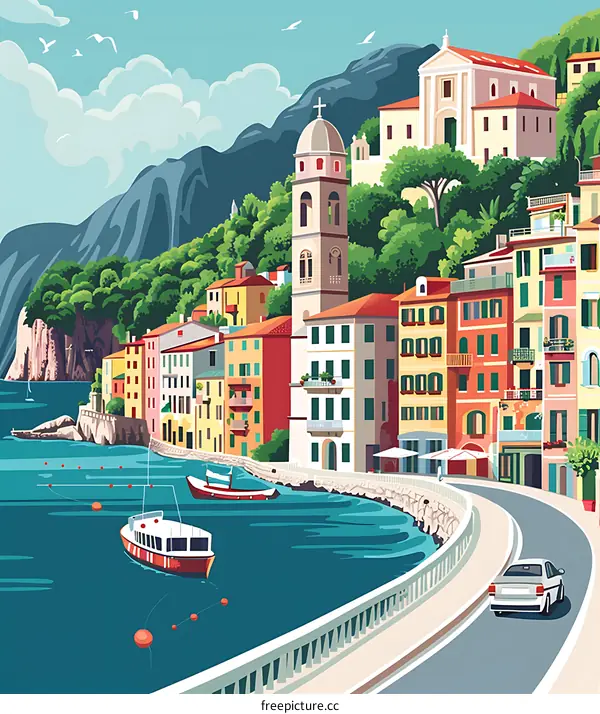 Coastal Town with Colorful Buildings and Boats