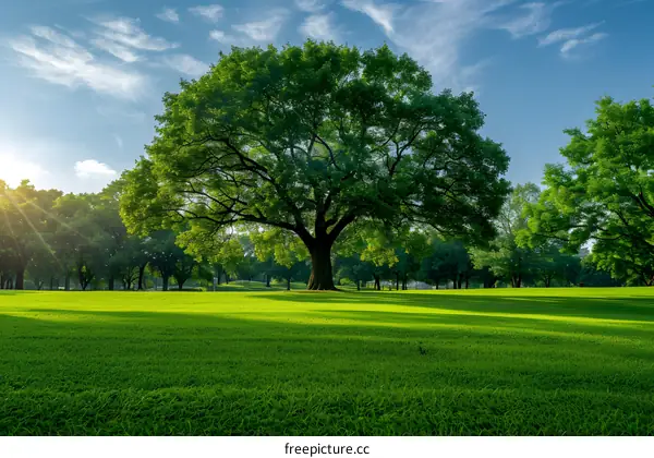 The sun shines through the branches of a large tree in the middle of a grassy field