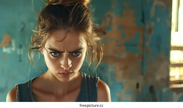 Portrait of a young woman who looks angry, her eyes are blue, her hair is brown, and there is sweat on her cheeks