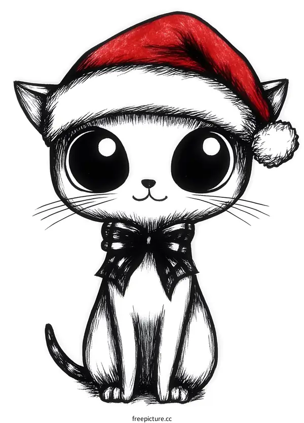 Cute Christmas Cat Illustration With Red Hat And Bow