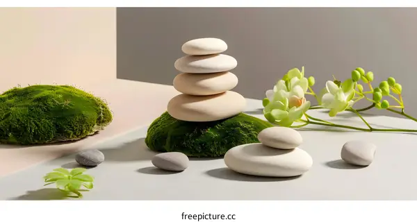 Stacked Stones with Green Moss and Flowers