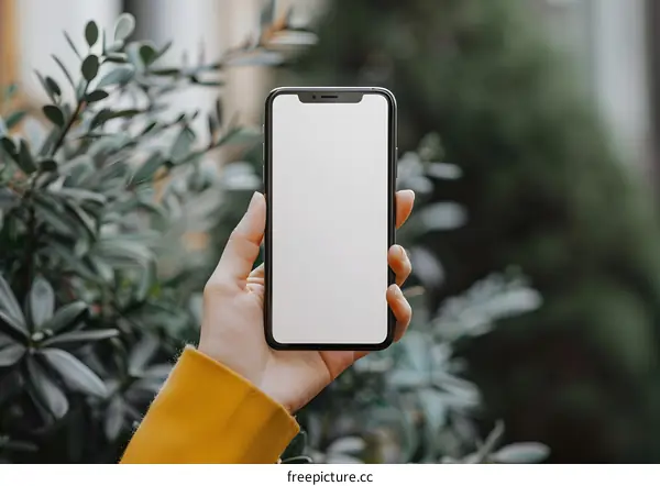 Hand Holding Smartphone With Blank Screen and Green Plants Blurred Background