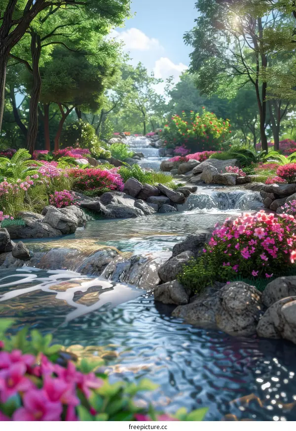 Beautiful Nature Scene with Waterfall and Flowers