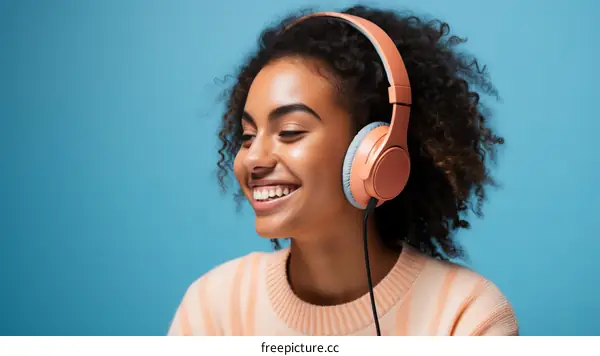 Smiling woman listening to music with headphones