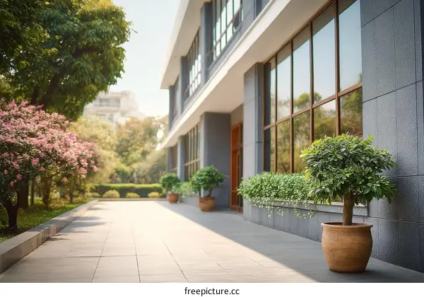 Modern Office Building Exterior with Lush Landscaping