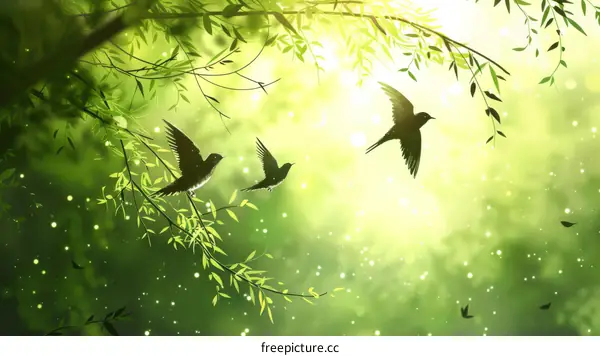 Birds flying in the forest