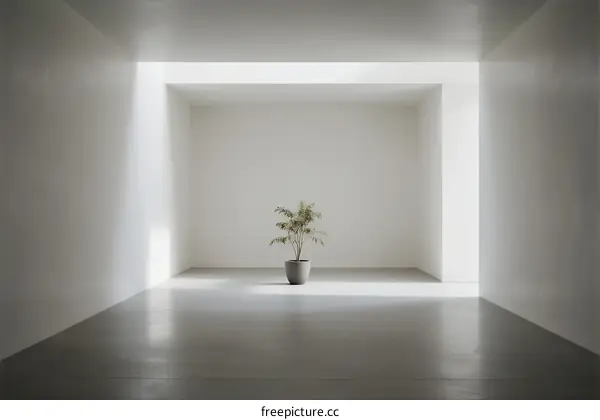 Minimalist white room with single potted plant in center