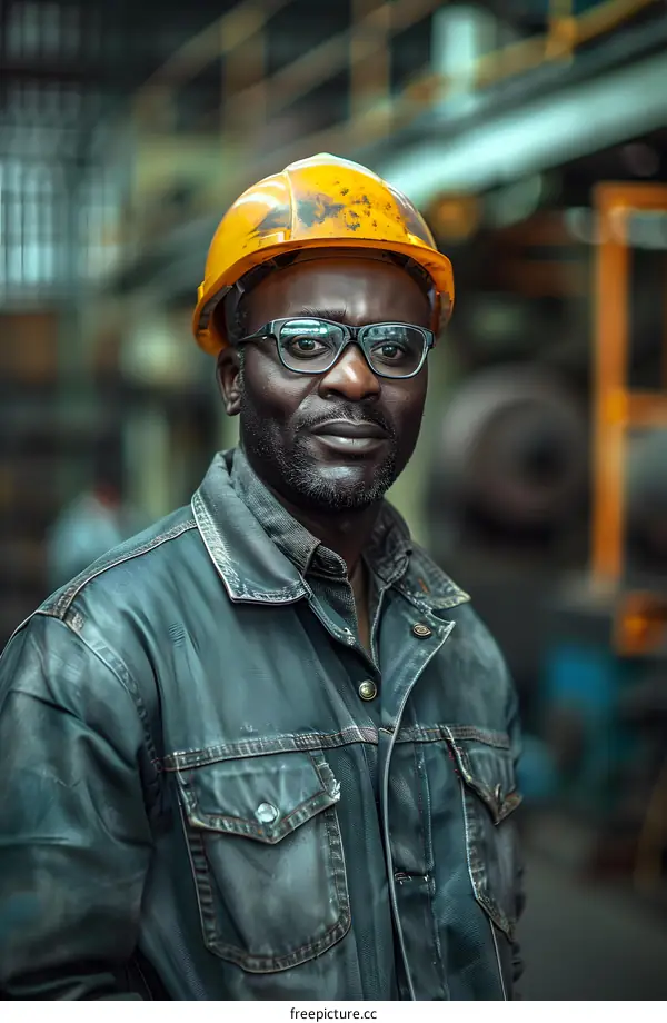 Portrait of a Black male worker wearing a hard hat in a factory