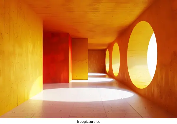 Abstract Yellow and Red Wall Interior Design with Circular Windows