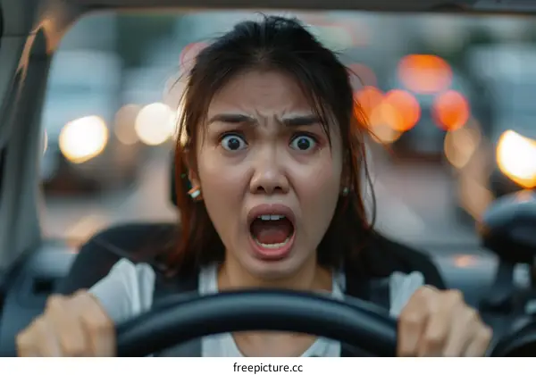 A woman is driving a car and she looks scared