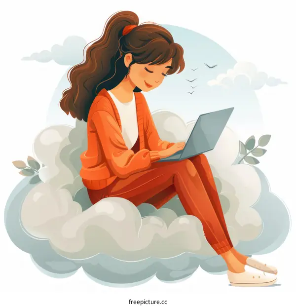 A young woman sits on a cloud and uses a laptop